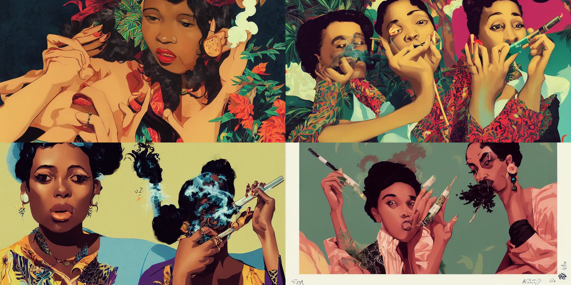 Prompt: Amala Ratna Zandile Dlamini smoking weed by Sachin Teng + Karol Bak + Rolf Armstrong