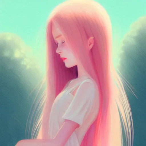 Image similar to young girl in summer dress art, pastel light pink long hair, muted colors, matte print, pastel colors, ornate, digital art, digital painting, fan art, elegant, artstation, head is centered, by Ilya Kuvshinov