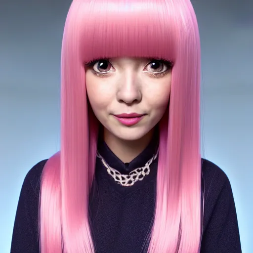 Image similar to A portrait of Nikki from Shining Nikki and Love, a cute 3d cgi toon young woman with long light pink hair, full bangs, hazel eyes, full face, light makeup, pale skin, Chinese heritage, cute outfit, medium shot, mid-shot, hyperdetailed, 8k, trending on artstation, as a Pixar character