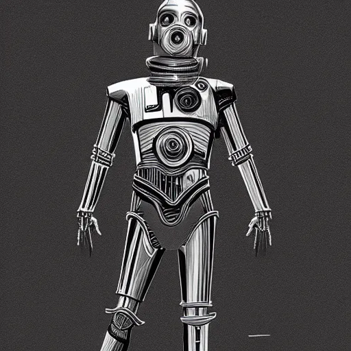 Prompt: full body black and white pencil sketch of muscular C3PO