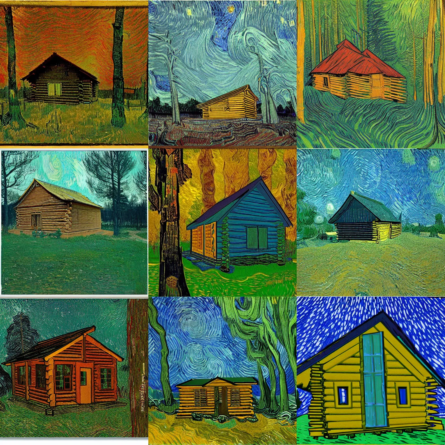 Prompt: [ a log cabin in the forest ] [ van gogh ] [ inverted ]