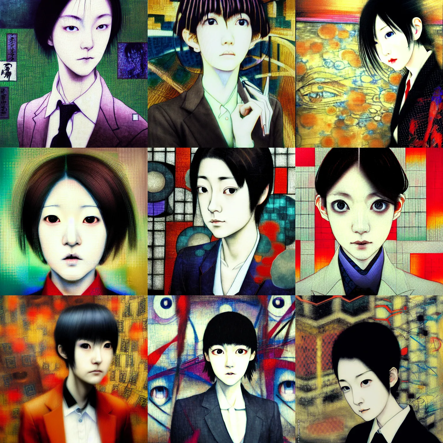 Image similar to yoshitaka amano blurred and dreamy realistic three quarter angle portrait of a young woman with short hair and black eyes wearing office suit with tie, junji ito abstract patterns in the background, satoshi kon anime, noisy film grain effect, highly detailed, renaissance oil painting, weird portrait angle, blurred lost edges