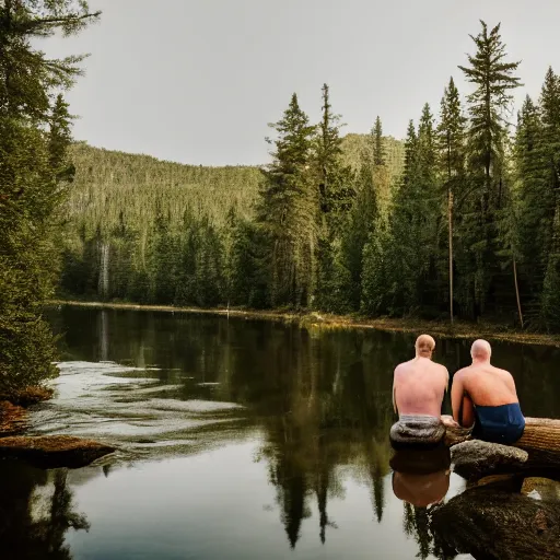 Image similar to two men sitting in a small damn on a river with a forest in the background