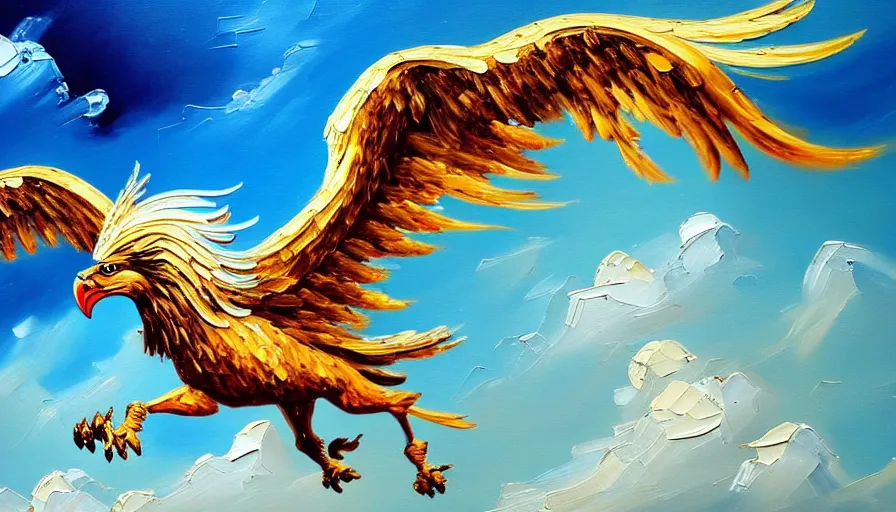 Prompt: highly detailed oil painting of a majestic griffin in flight, thick paint and visible brush strokes, 4 k resolution