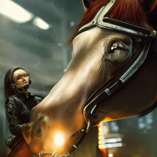 Prompt: photorealistic detailed picture, extreme, uhdr, woman, horse, ride, cyborg, sci fi, cyberpunk lighting, fine details, highly detailed, intricate, smooth sharp focus