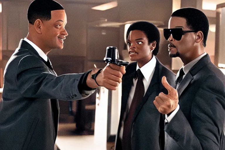 Prompt: michael jackson and will smith pointing the neuralyzer at men in black 3 iii