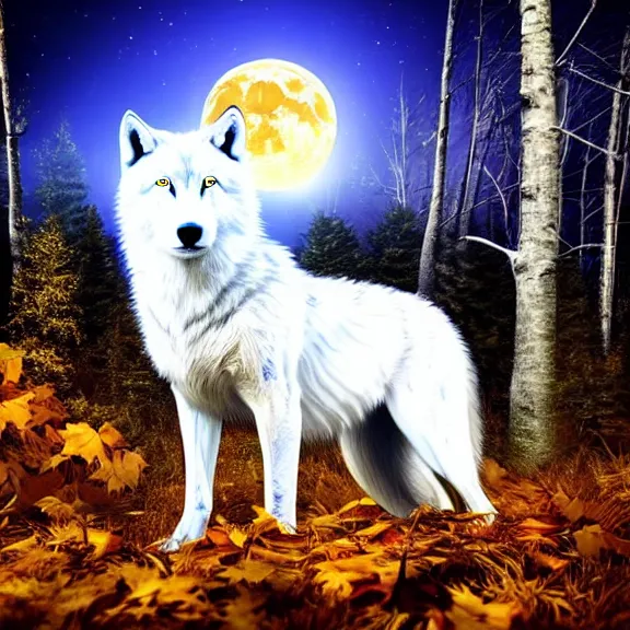 Image similar to white wolf with blue eyes stands in a dark night dormant autumn forest with magic moon in sky, no yellow color in eyes, no yellow color, realistic