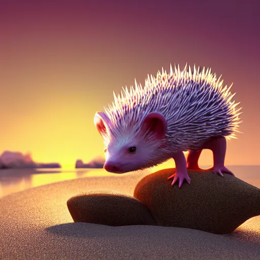 Prompt: axolotl and hedgehog chilling on a beach, concept render, sunset lighting, 4 k