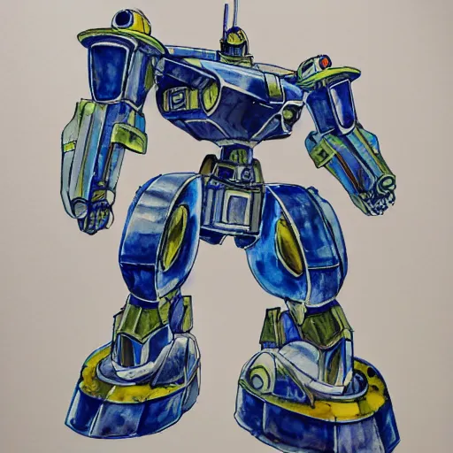 Image similar to an intricate water colour painting of a giant anime robot with rounded and circular parts