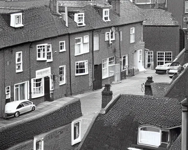 Image similar to view of a british street from an upstairs window, sunny day, cars parked, 2006 photograph