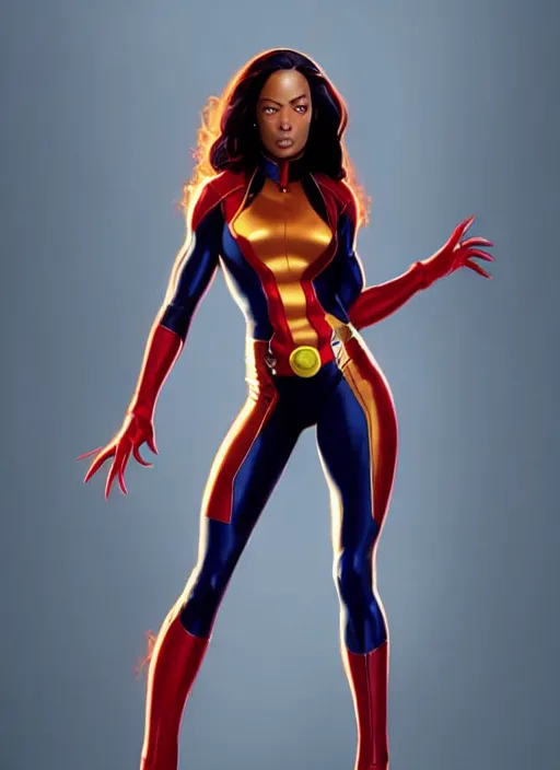 Image similar to full body portrait of marvel cinematic universe aaliyah haughton, x - men, jean grey, elegant, fire, phoenix, starfire, highly detailed!! digital painting, artstation, glamor pose, concept art, sharp focus, illustration, art by artgerm and greg rutkowski, artey freytag