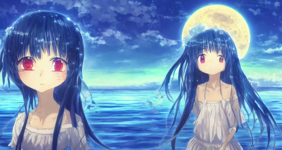 Image similar to one anime girl standing on a pier with the ocean as background at twilight, her blue shiny detailed eyes are looking at the camera, cute, big moon above the water, colorful, magical, detailed face, small nose and mouth, normal big anime eyes, 8k, based on Puella Magi Madoka Magica