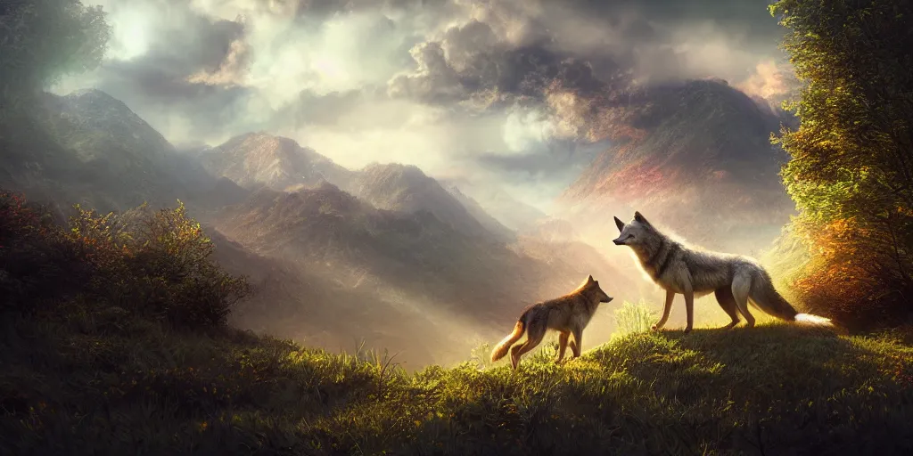 Image similar to beautiful dreamy landscape, wolves, dream, colors, dramatic, mid day, large scale, hyperrealistic, lots of detail, realistic lighting, octane render, by wlop, artgerm, trending on artstation