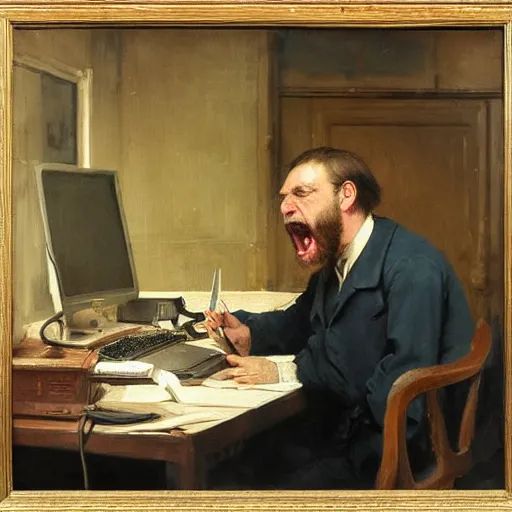 Image similar to an angry man yells at his computer monitor, oil on canvas, 1 8 8 3, highly detailed, high resolution