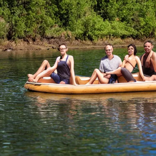 Image similar to four people on a wooden raft