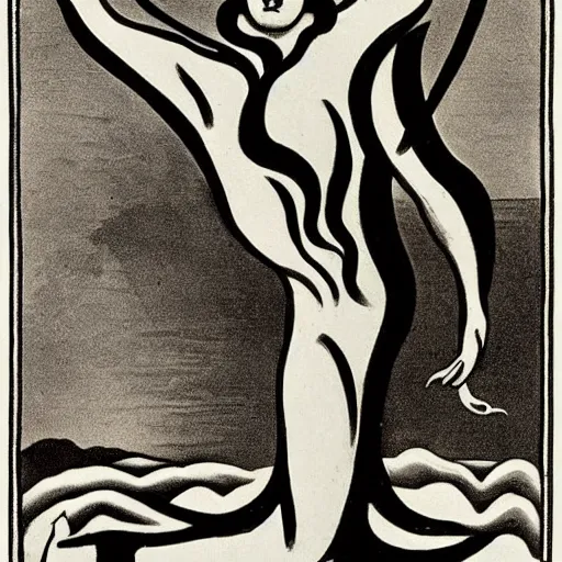 Prompt: A beautiful computer art of a human-like creature with long, stringy hair. The figure has no eyes, only a mouth with long, sharp teeth. The creature is standing on a cliff overlooking a dark, foreboding sea. by Alexander Archipenko composed, imposing