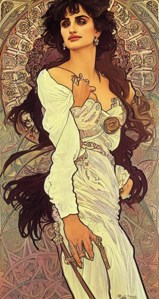 Image similar to portrait of penelope cruz, artwork by alphonse mucha