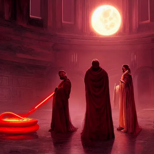 Image similar to A group of people in Sith lord robes pray to a red marble serpent statue, the scene is lit by a red moon., Matte painting , detailed painting, greg rutkowski