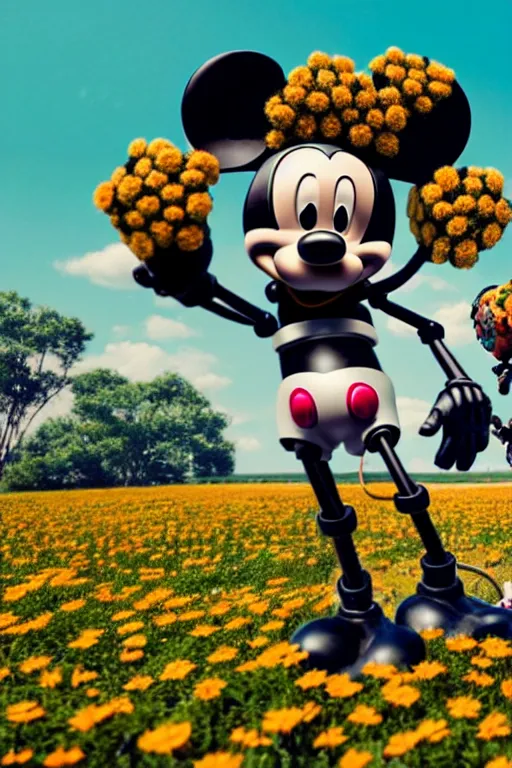 Prompt: a skeletal, mickey mouse made out of flowers and bones, taking a giant robot for a walk by beeple and arcimboldo, highly detailed, rendered in octane