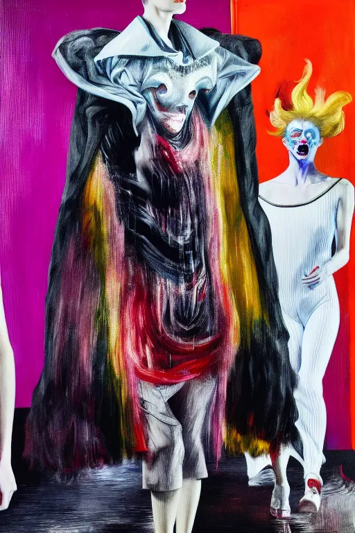 Image similar to crazy fashion catwalk, one model, crazy clothes, hauntingly surreal, highly detailed painting by francis bacon, edward hopper, adrian ghenie, gerhard richter, and james jean soft light 4 k,