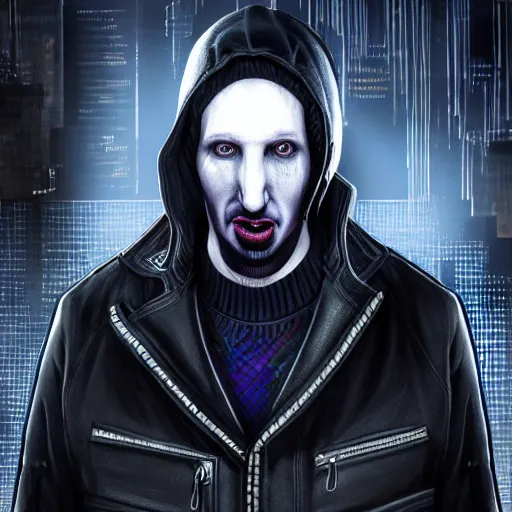 Image similar to portrait isometric drawing, Marilyn Manson as Aiden Pearce character from Watch Dogs game, cyberpunk, intricate, epic lighting, cinematic composition, hyper realistic, 8k resolution, unreal engine 5, by Artgerm, tooth wu, dan mumford, beeple, wlop, rossdraws, James Jean, Andrei Riabovitchev, Marc Simonetti, yoshitaka Amano, Artstation