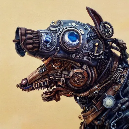 Image similar to portrait painting of a steampunk cyborg dog, transhumanism, ultra realistic, concept art, studio ghibli, intricate details, eerie highly detailed