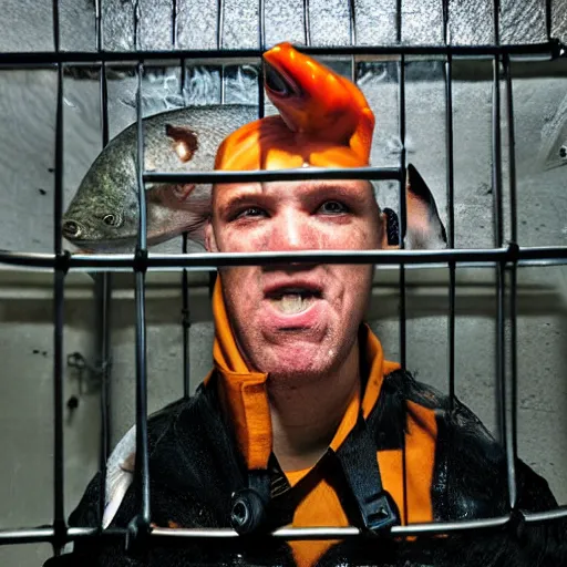 Prompt: inmate with fish head scuba diving in a jail cell