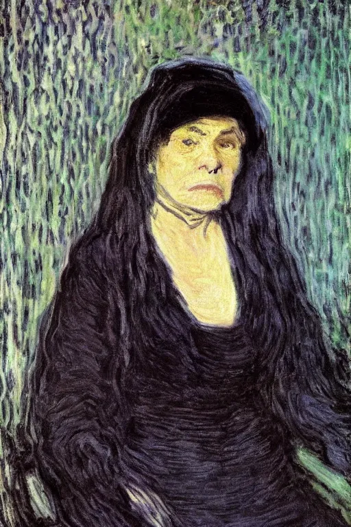 Prompt: a portrait of a widow, sad!, black clothes, by claude monet