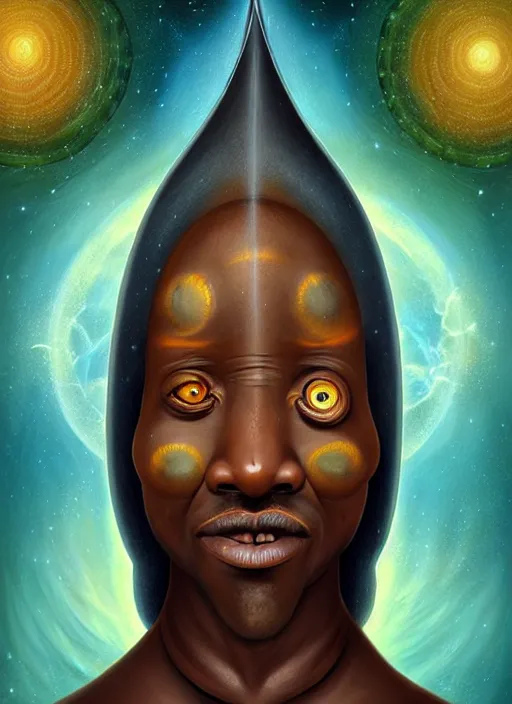 Prompt: matte symmetrical portrait of a wizard of the zulu tribe revealing the ancient secret of how life entered the cosmos, noble bearing. by hieronymus bosch, cyril rolando, esher and natalie shau, whimsical, profound, impossible. trending on devaintart.