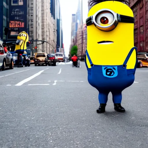Prompt: 4 k photo of a giant minion walking in new york city, tourists are running in fear