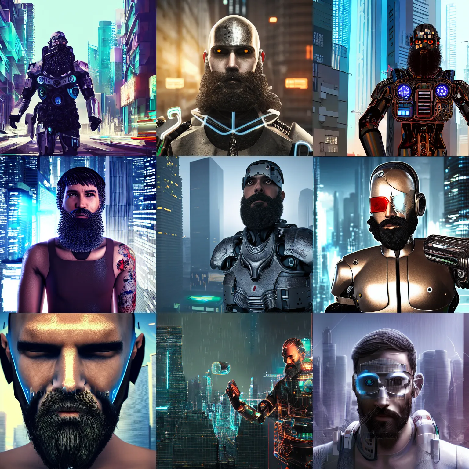 Prompt: Cyborg bearded man with metamaterial armor, cyberpunk city background, photorealism