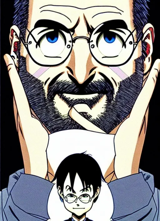 Image similar to steve jobs manga in color, final page, portrait, by katsuhiro otomo and hiroya oku and makoto yukimura