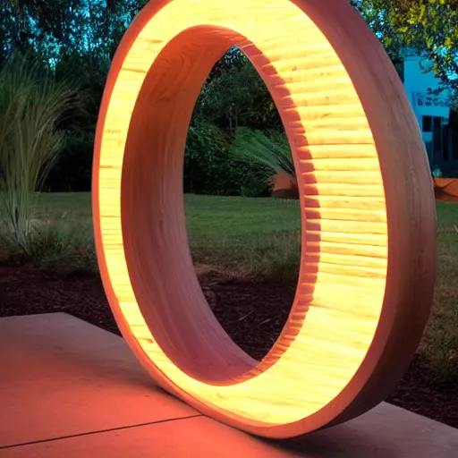 Image similar to circle shaped sculpture, curves, wood, colored lights, portal