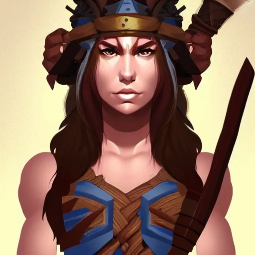 Prompt: head and shoulders portrait of a barbarian, female, d & d, high fantasy, by artgerm, behance hd, shutterstock, clean cel shaded vector art illustration,