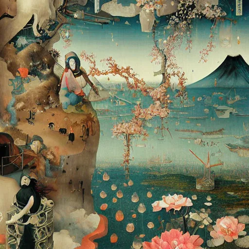 Prompt: Japanese Landscape by Hieronymus Bosch and James Jean, Ross Tran, hypermaximalist, 8k, surreal oil painting, highly detailed, dream like, masterpiece