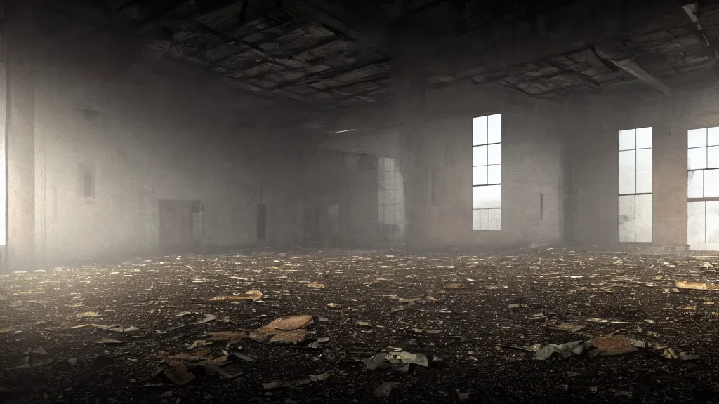 Image similar to abandoned factory, dimly lit, unknown figure lurking in background, unsettling, 4 k, photo realistic, creepy