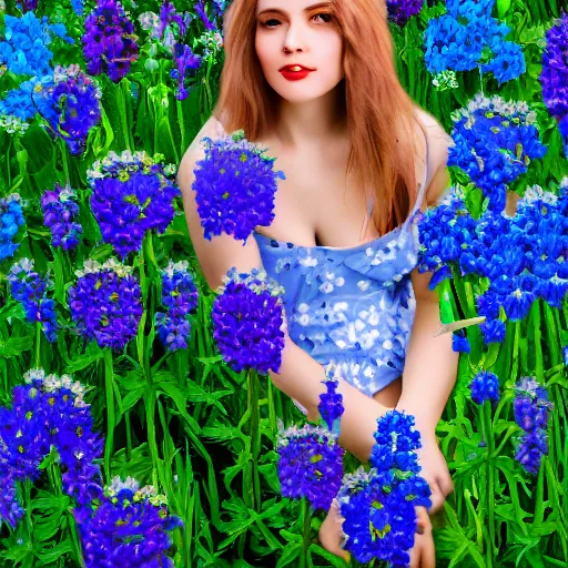 Prompt: a photo art of a romantic woman with flowers grow out of hair, roses peonies forget-me-nots dahlias lupins gladioli, sky theme in background, 35mm Photograph, 4K Resolution, Astrophotography, Digital Art, Trending on artstation