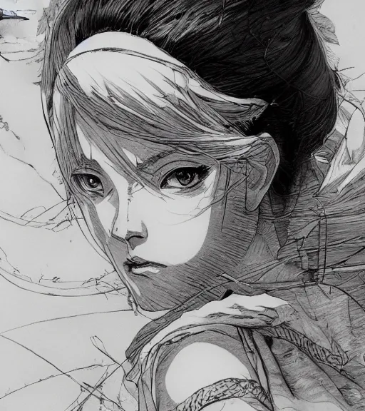 Image similar to dramatic portrait of anime woman wearing sailor suit, pen and ink, intricate line drawings, by craig mullins, ruan jia, kentaro miura, greg rutkowski, loundraw