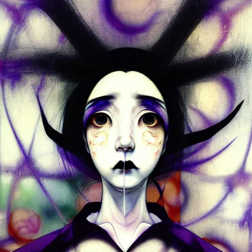 Prompt: yoshitaka amano blurred and dreamy minimalistic three quarter angle portrait of a young woman with black lipstick and black eyes looking up and to the side wearing dress suit with tie, junji ito abstract patterns in the background, satoshi kon anime, noisy film grain effect, highly detailed, renaissance oil painting, weird portrait angle, blurred lost edges