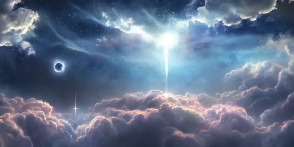 Image similar to Cosmic inflation bubbles peaking through the clouds, above the layer of clouds is a council of ascended masters, rays of consciousness, concept art, matte painting, 8k, highly detailed, artstation, light being, high quality,