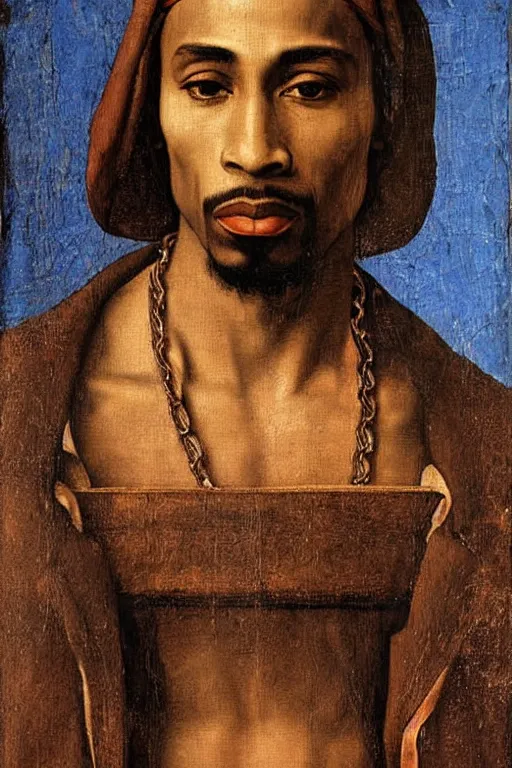 Prompt: A Renaissance portrait painting of Tupac Shakur by Giovanni Bellini and Leonardo da Vinci