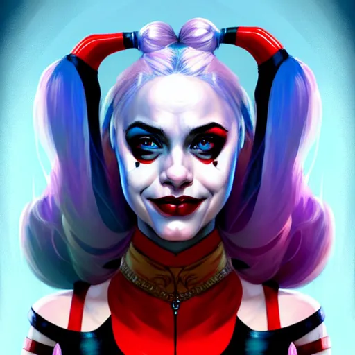 Image similar to Character Portrait of Harley Quinn, face, fantasy, intricate, elegant, highly detailed, digital painting, artstation, concept art, smooth, sharp focus, illustration, art by Cynthia Shephard and Fernanda Suarez and Artem Demura and alphonse mucha