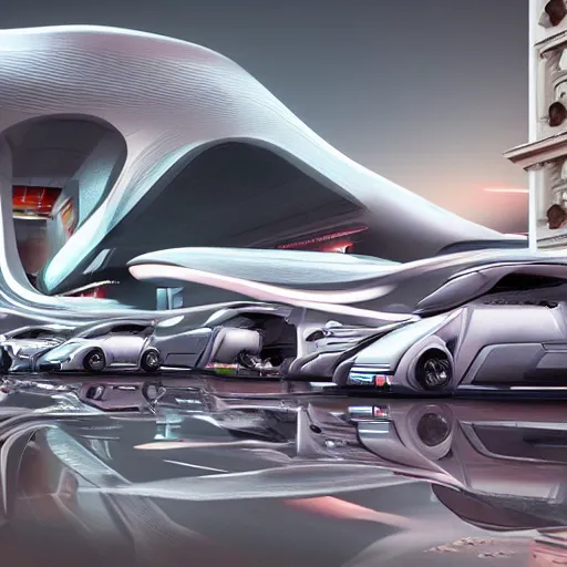 Image similar to sci-fi cars trucks motorcycles portrait 50% of canvas in center and wall near structure on the coronation of napoleon painting and digital billboard in the middle and everything in style of zaha hadid and suprematism forms unreal engine 5 keyshot octane artstation trending bladerunner 2049 colors lighting ultra high detail ultra photo realistic 8k 16k in plastic dark tilt shift