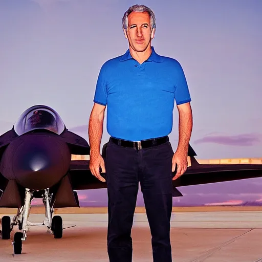 Image similar to aesthetic illustration of jeffrey epstein, wearing a dark blue polo shirt, standing near fighter jet on an empty runway at dusk, high detail, volumetric lights, award winning photo