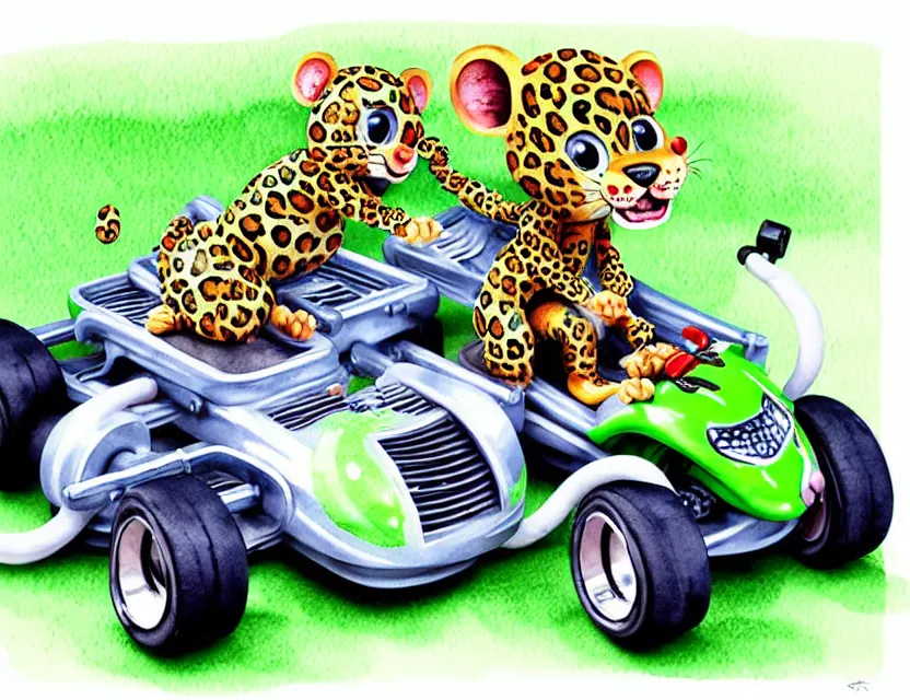 Image similar to cute and funny, baby leopard riding in a tiny go kart with oversized engine, ratfink style by ed roth, centered award winning watercolor pen illustration, isometric illustration by chihiro iwasaki, edited by range murata, tiny details by artgerm and watercolor girl, symmetrically isometrically centered