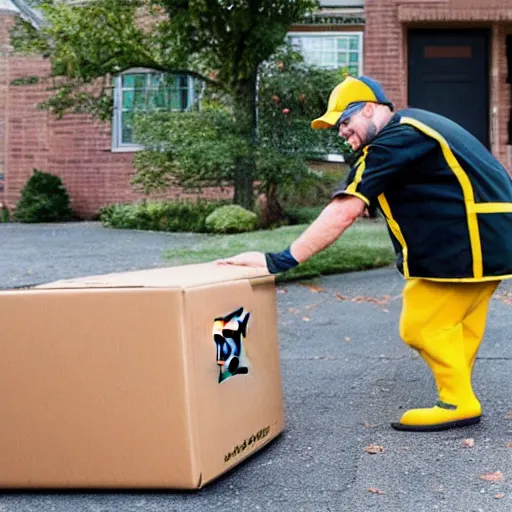 Prompt: A duck excitedly clicks its heels together when a UPS deliveryman walks toward him with a package