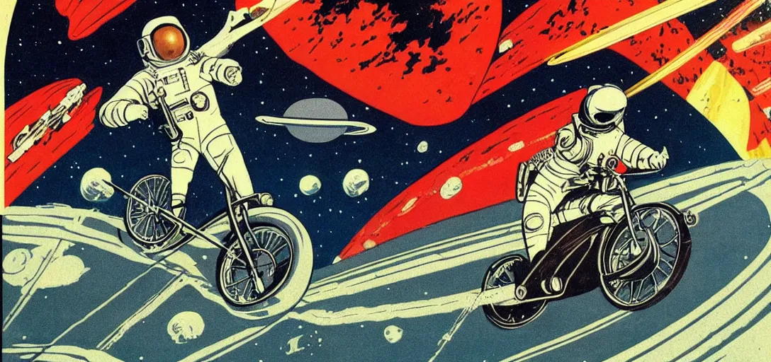 Prompt: astronaut riding on a monocycle on saturn ring, comic style, pulp magazine, vintage scifi, propaganda poster, space race, cold war