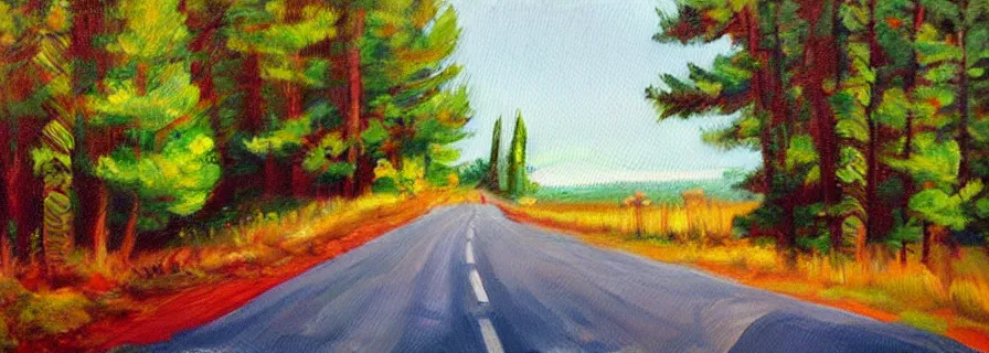 Image similar to road summer, trip style, soft lightning, green trees, oil painting by olga sacharoff