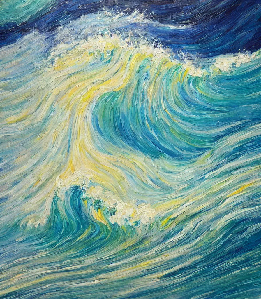 Prompt: an impasto oil painting of a beautiful barreling wave, traidic color scheme, high detail, breathtaking wave, modern art, abstract art, soft colors