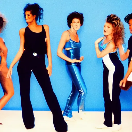 Image similar to 8 0 s music video, blue background with mannequins dancing, singer in the forefront with black pants and dirty white tank top,